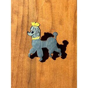 Vintage 1950s Enamel Poodle Brooch In Grey With Yellow Bow